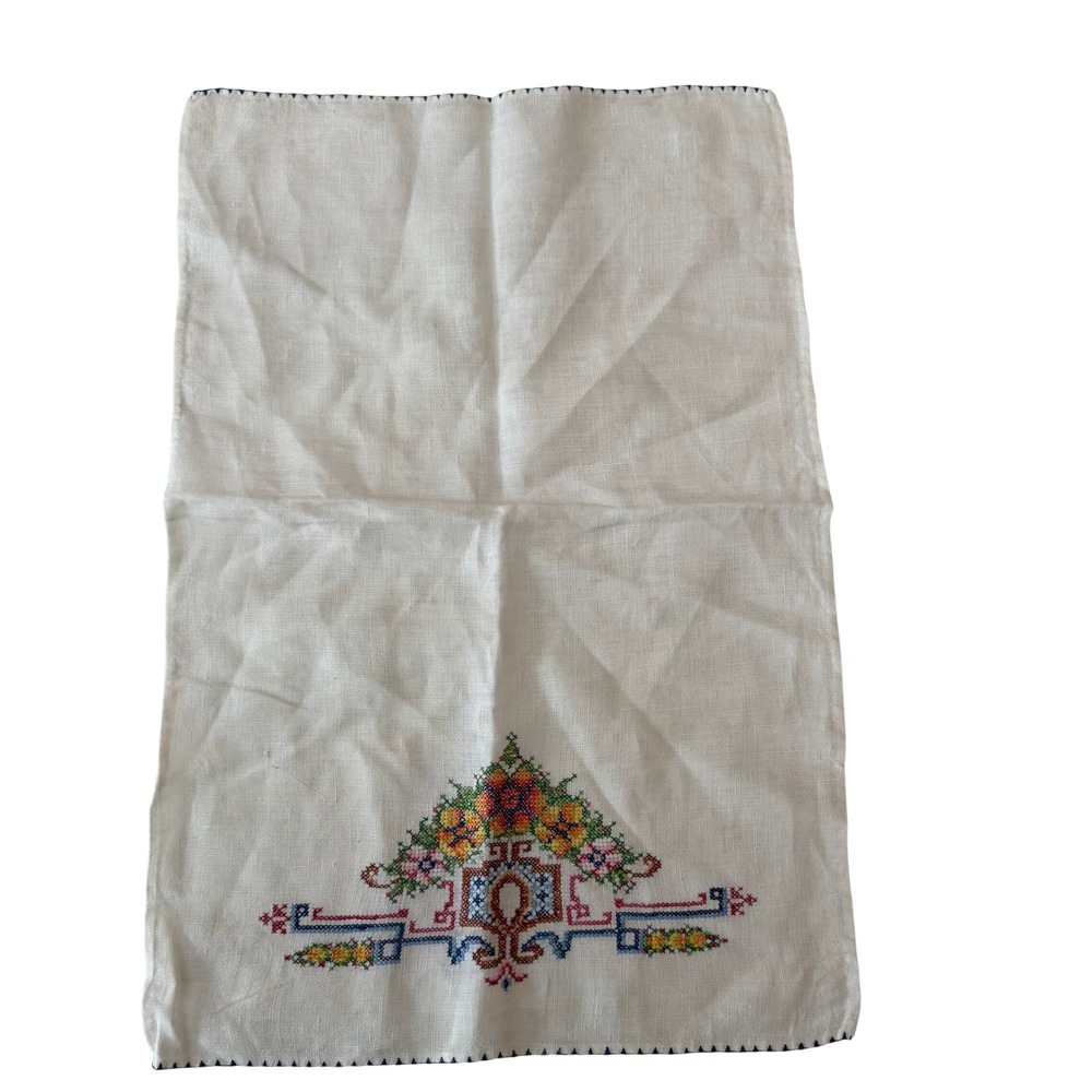 Vintage White Linen Hand Towel Floral Cross Stitch Embroidery Decorative 13x22‎